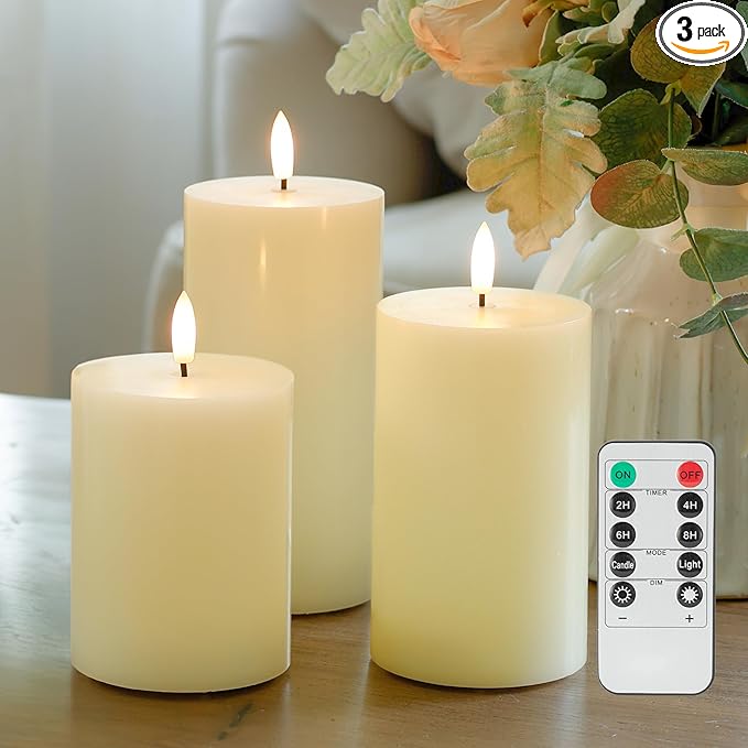 Flameless Pillar Candles with Remote, 3 Pack Battery Operated Real Wax LED Candles, Perfect for Home Decorations Fireplace Table, Ivory