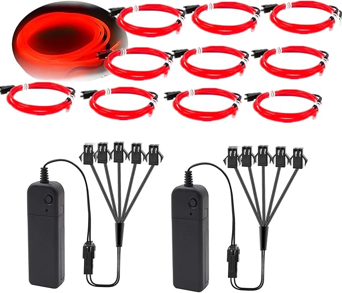 Ourbest 5in1 Electroluminescent Neon Strip Light Wire, EL Wire Lights Battery Pack for Cosplay Party Decoration 3Mode Stay/Slow/Fast Flash(10Pack 3Ft with 2 Battery Boxes Red)