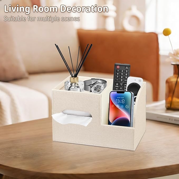Leather Square Tissue Box Cover with Storage Tray,Cube Tissue Box Holder,Modern Facial Paper Organizer with Remote Control Holder for Bathroom,Vanity Countertop,End Table NightStand Home Office.Beige