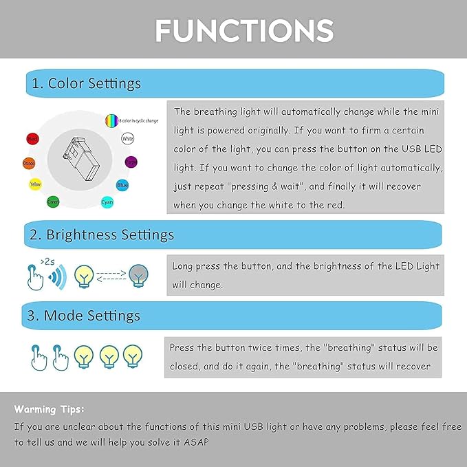 AOZITA Mini USB Type C LED RGB Light Brightness Adjustable 8 Color Changeable for Car, Laptop, Keyboard. Atmosphere Smart Type-C Night Lamp for Home Decoration (Quantity: 2)