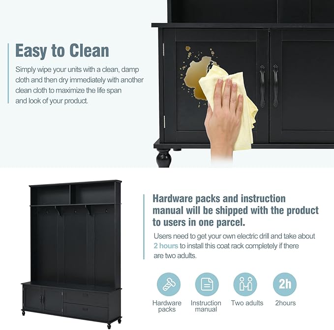 Widen Hall Tree with Bench and Shoe Storage, Modern Entryway Bench with Coat Rack, Cabinet, 2 Drawers and Shelves, Mudroom Bench with Storage and 5 Hooks for Entry Way, Hallway (Black)