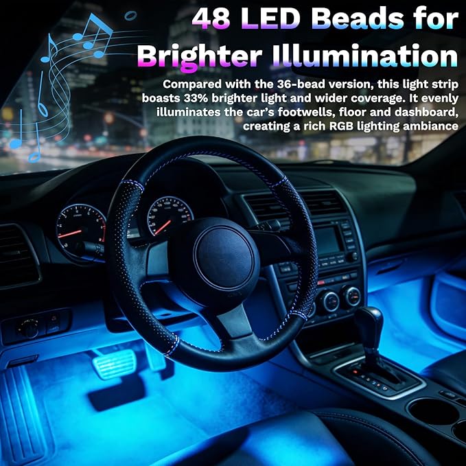 Car Interior Lights, 12V LED Strip Lights with Cigarette Lighter Adapter, Ambient Car Lighting Kit, App & Remote Control Music Sync Color Change Strip Lights for SUVs & Trucks (48LED Beads)