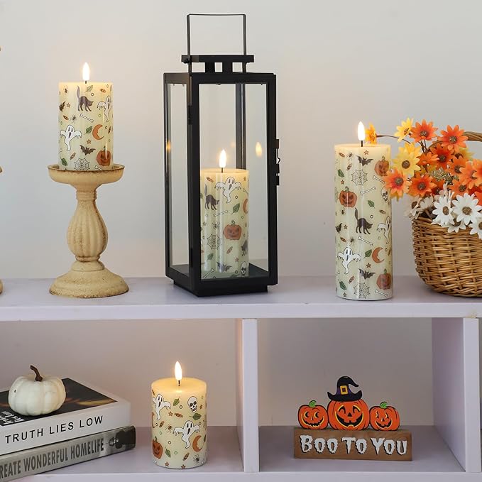 Lezonic Ivory Flameless Candles with Remote, LED Battery Operated Flickering with Timer, 4 Pack Glossy Wax Drips Design Real Wax Pillar for Halloween Decor, Centerpiece, Birthday Gifts (4/5/6/8 Inch)
