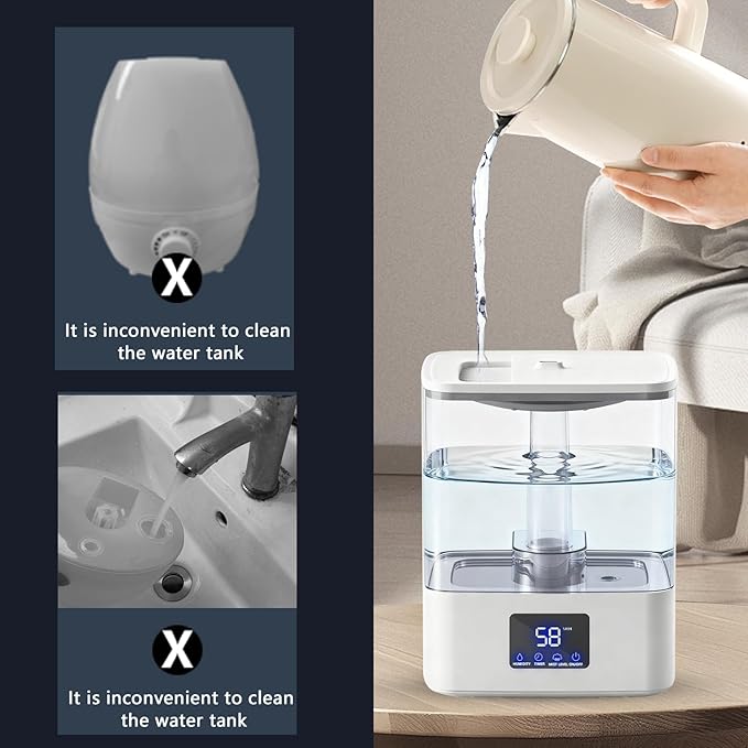 KZF 4L Top Fill Humidifiers for Bedroom & 60H Runtime - Cool Mist Humidifier, 3 Mist Levels, 8H Timer, Essential Oil Tray, Humidity Display, Quiet for Bedroom, Baby, Plants, Large Room (White, 4L)