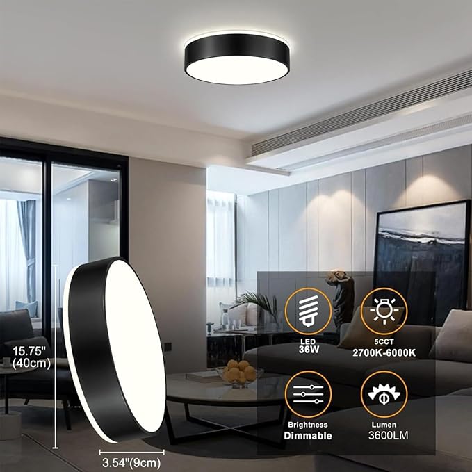 Black Flush Mount Ceiling Lights, Modern Dimmable 5CCT Close to Lighting Fixture, 2700K-6000K LED Round Ceiling Lamp for Bedroom, Bathroom, Dining Room, Living Room-15.8in