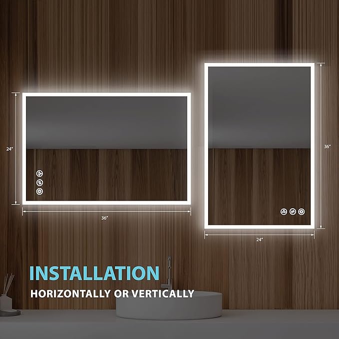 Blossom 24"X36" LED Bathroom Mirror with Lights, Front Lit and Backlight, Stepless Dimmable, Anti-Fog, Shatter-Proof Tempered Glass, Memory, 3 Colors Lighting Bathroom Mirrors for Vanity