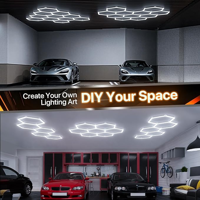 Hexagon Garage Lights: 579W 14 Grids Hexagon Led Lights, 6500K Ultra Bright Hex Light, Honeycomb Light for Garage, Shop, Basement, Barber, Homegym