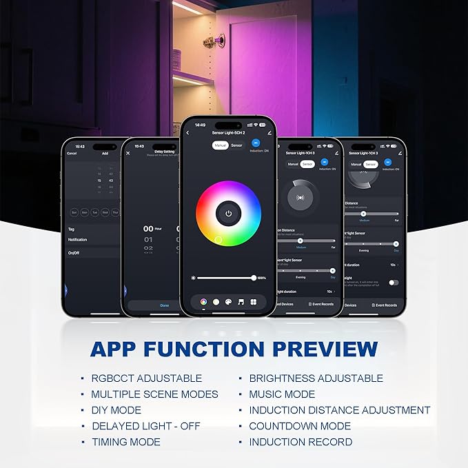 42inch WiFi Night Light Radar Motion Sensor Silicone LED Under Cabinet Lights RGB CCT White 2700K-6500K, Waterproof, APP Control, Dimmable Timing, for Google Home Alexa, for Kitchen, Under Counter
