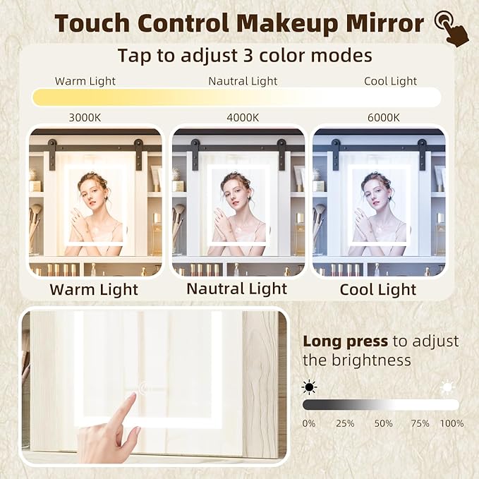 EROMMY 42" Farmhouse Makeup Vanity Desk with Lighted Mirror & Power Strips, Vanity Table with Sliding Barn Door, Open & Hidden Shelves, Drawers, Jewelry Cabinet, White Dressing Table, Light Adjustable