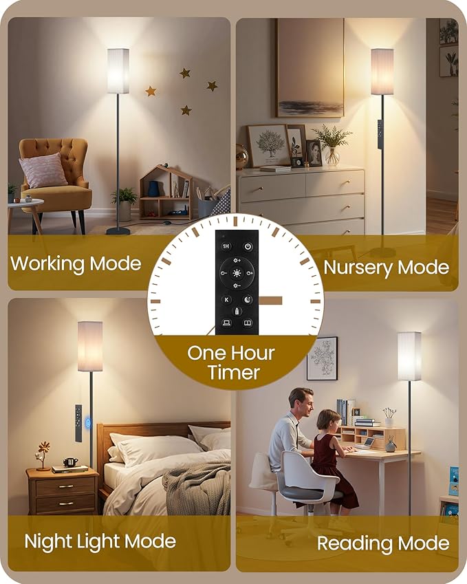 64.2” Dimmable Floor Lamp for Living Room with Remote and Foot Switch, Corner Floor Lamp for Bedroom, Includes 10W A19 Bulb, Modern Standing Tall Lamp, ETL Listed White and Black CW17LD05