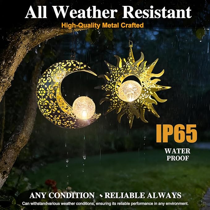 Solar Hanging Lights for Outside Garden,Outdoor Metal Lanterns Sun Moon Lamp, Large Decorations for Yard Garden Patio Proch Tree Wall, Christmas Gifts for Women Mom