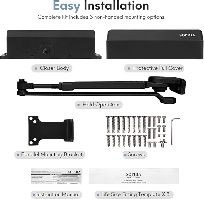 Sophia Commercial Door Closer with Hold Open DK4000, Matte Black