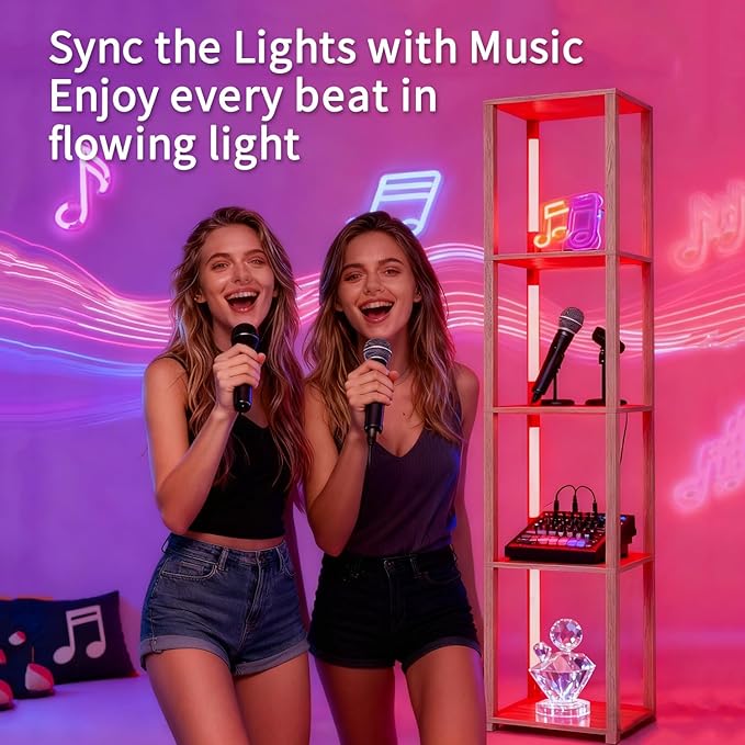 RGBCW Floor Lamp with Shelves, Smart Modern Floor Lamp with Music Sync, LED Color Changing Corner Display Shelf Lamp, Tall Lamps for Living Room and Bedroom, Bookshelf Lamp