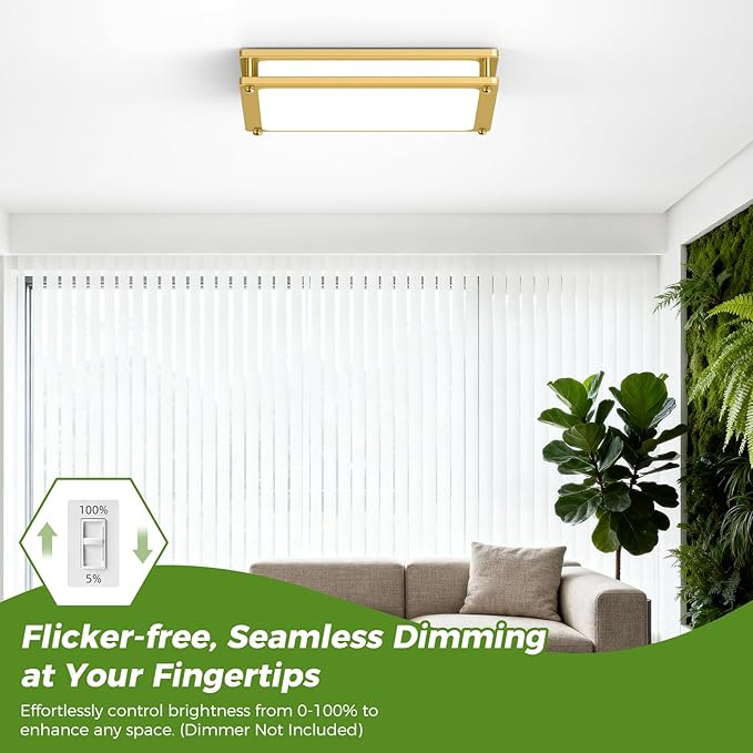 13 Inch Gold Square LED Ceiling Lights for Bedroom Kitchen Bathroom, 2-Pack 36W Super Bright 3200LM Modern Flush Mount Light Fixture, 2700K-6500K Selectable Dimmable Close to Ceiling Double Ring Lamp