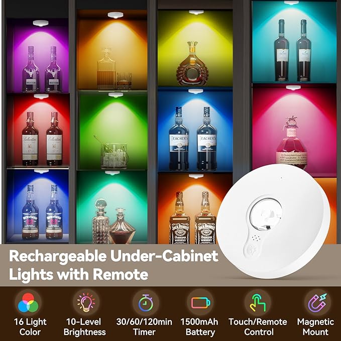 Rechargeable Puck Lights with Remote, 3 Pack Magnetic Under Cabinet Lighting, 1500mAh Battery Operated LED Tap Lights with Dimmer & Timmer for Kitchen, Closet, Shelf - 3 Color Temps & 12 RGB, White