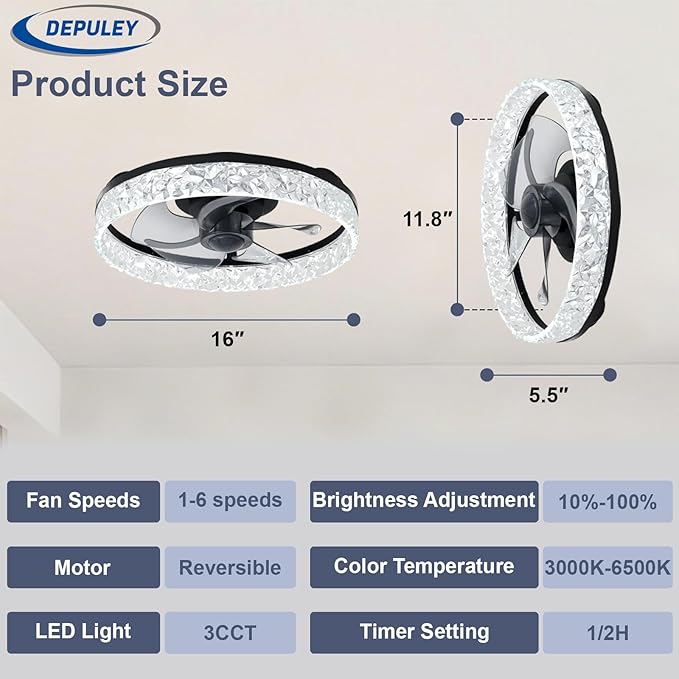 Depuley Ceiling Fans with Lights and Remote: 16" Modern Low Profile Flush Mount Ceiling Fan with App Remote Control - Black Fandelier for Bedroom Living Room Kitchen Dimmable Quiet DC Motor