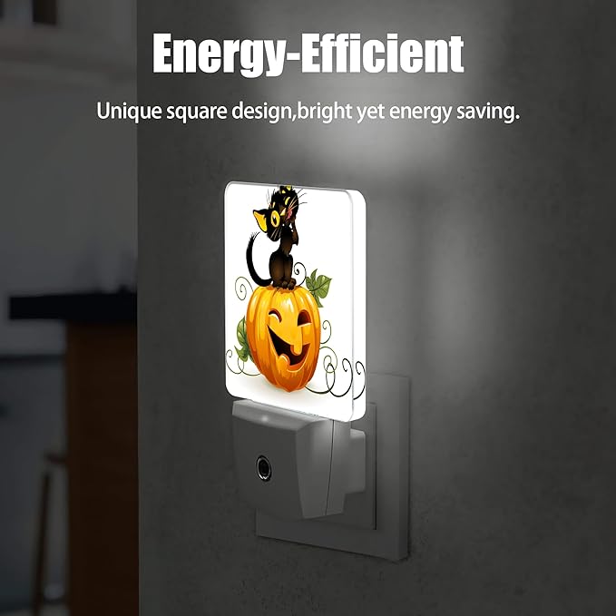 Halloween Night Light, Cute Black Cat and Pumpkin Night Lights Plug into Wall Decorations for Bedroom, Bathroom, Dusk to Dawn Sensor Nightlights for Girls Women Room Gifts