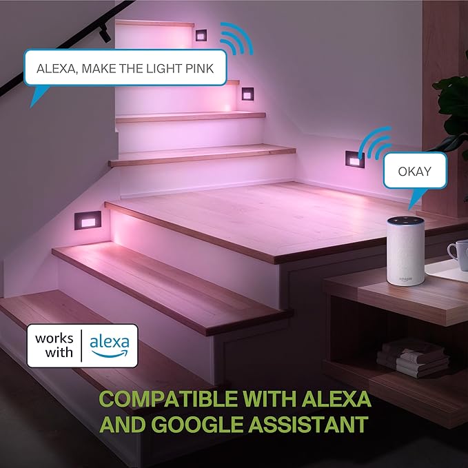 ASD LED Recessed Step Light Fixture, Outdoor & Indoor Stair Tread Lighting | RGBW, Smart, Waterproof, ETL Listed | 3W 60LM RGB-2700K-6500K 120V | Staircase Hardwired Illumination | Black, 6 Pack