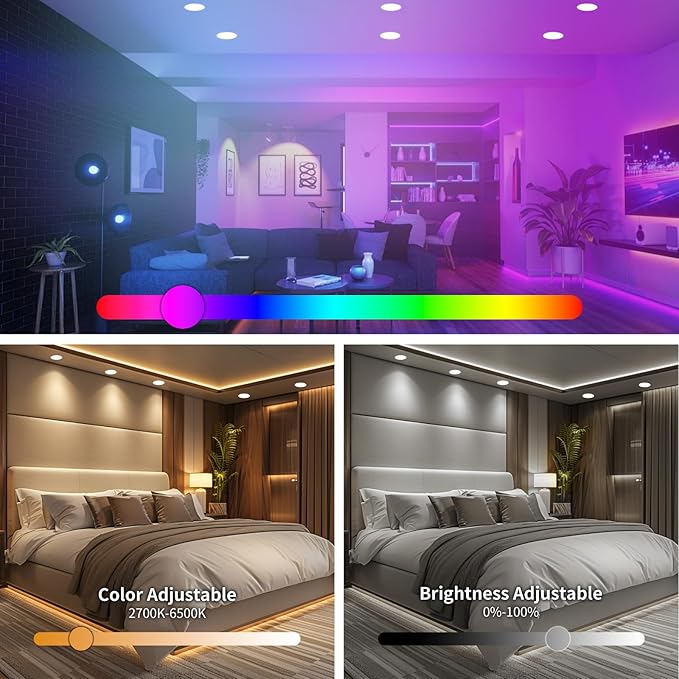 4 Pack Smart LED Recessed Lighting 6 Inch Ultra-Thin WiFi Canless Downlight 12W 1200LM Downlight w/Junction Box, Alexa Google Assistant Compatible, ETL FCC, Color Changing LED Recessed Lighting