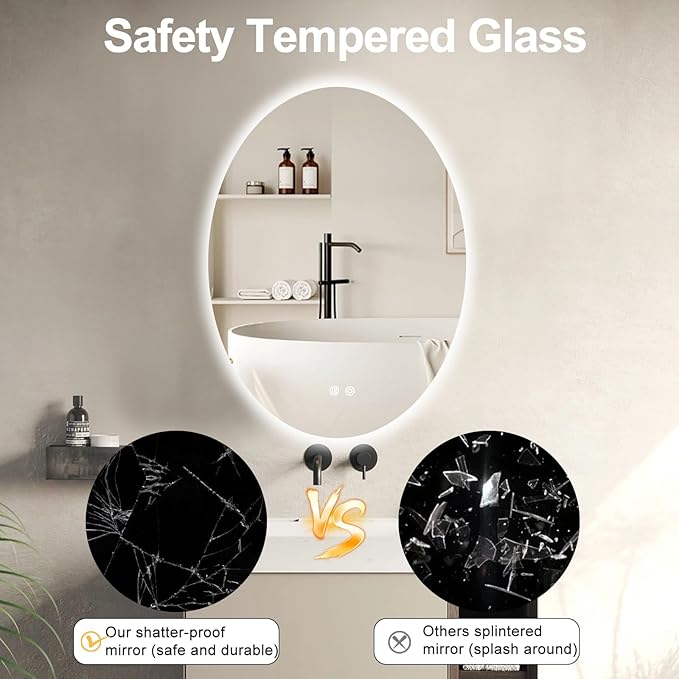 28 X 20 Inch Oval Backlit LED Bathroom Mirror Anti-Fog 3 Colors Light Dimmable Wall Mounted Lighted Bathroom Vanity Mirror Smart Makeup Mirror with Touch Switch