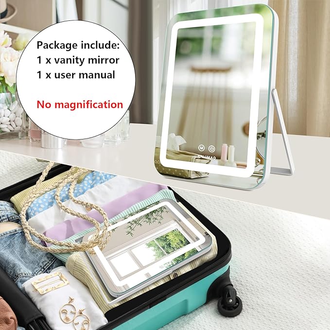 14.5" Rechargeable Vanity Mirror with Lights, 3500 mAh Lighted Makeup Mirror, Smart Touch 3 Colors Dimmable, Tabletop Mirror for Makeup Desk, Memory Function