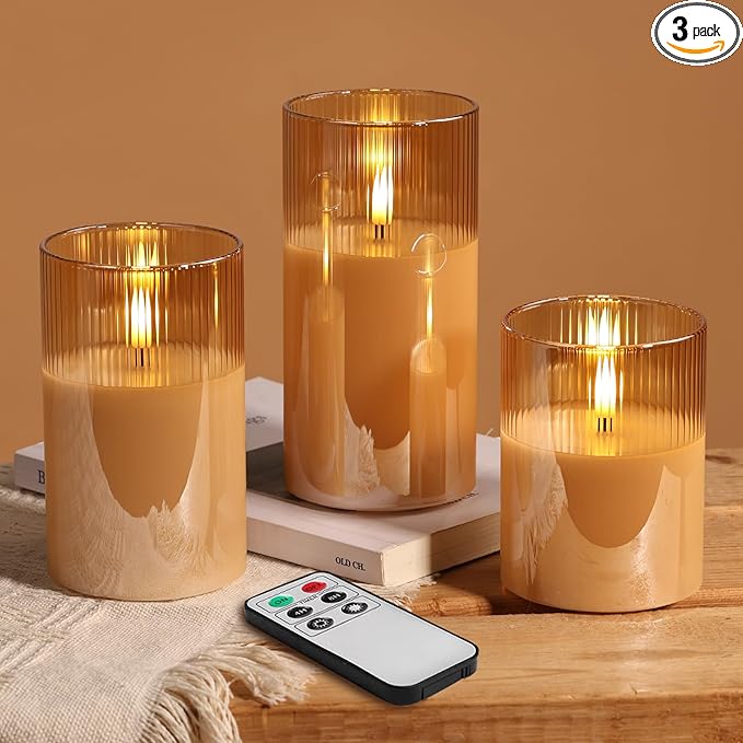 Eywamage Gold Ribbed Glass Flameless Pillar Candles with Remote, Flickering LED Wax Candles Battery Operated Set of 3