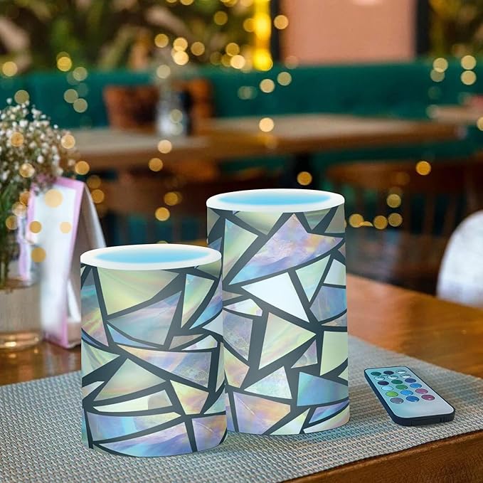 Iridescent Triangles Abstract Flameless Candles Color Changing LED Candles with Remote Control Battery Candles for Outdoor and Indoor Home and Room Decoration, 3'' x 4''/5'' Set of 2 Pieces