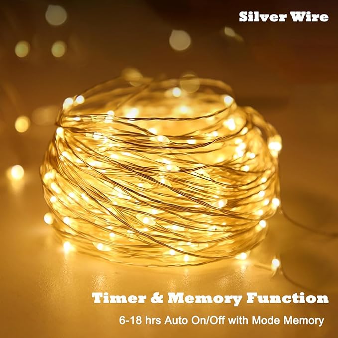 USB Fairy Lights, 2 Pack 33Ft 100 LED, Flexible Silver Wire Mini String Lights for Bedroom Wedding Christmas Decor, DIY Crafting, Warm White