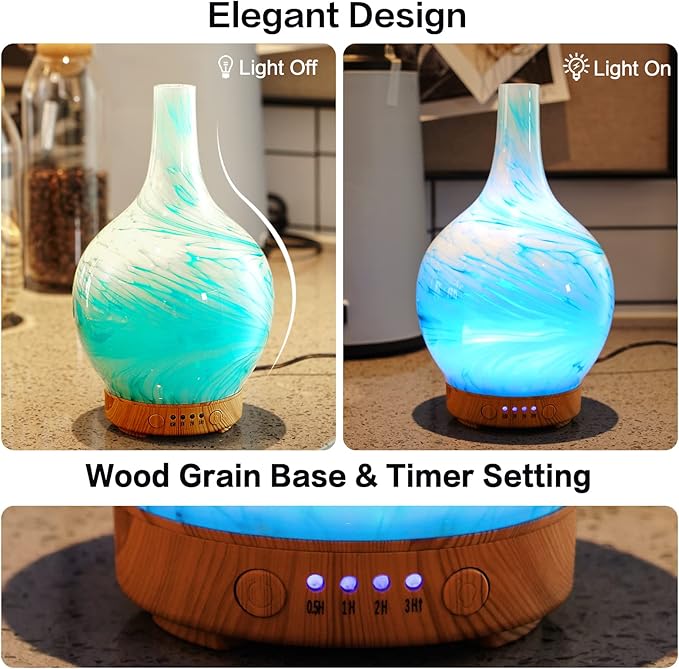 Porseme 150ml Essential Oil Diffuser Glass Color Changing Aroma Air Diffusers Aromatherapy Ultrasonic Cool Mist Humidifier 6 Running Hours Waterless Auto-Off for Sleeping, Yoga, Office, Spa(Blue Wave)