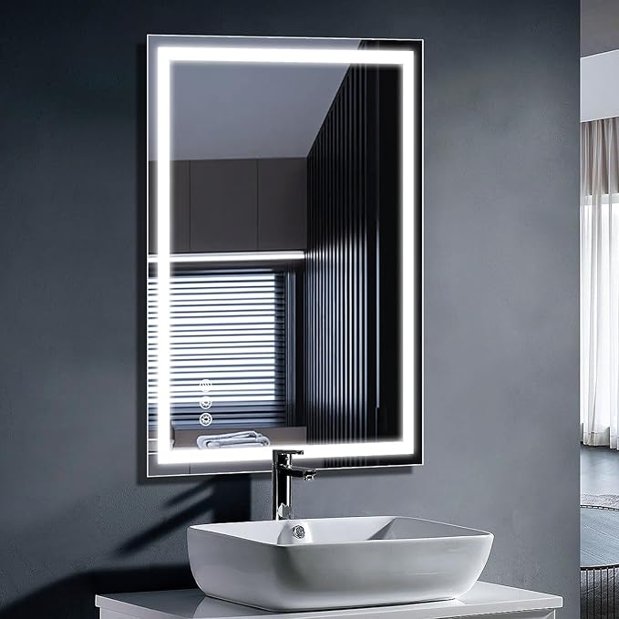 Led Bathroom Mirror with Light 24"x36" Frameless Lighted Vanity Mirror Wall Mount, Fogless, 3 Color Mode, Stepless Dimmable Front Light and Backlit, Smart Touch Sensor, Tempered Glass