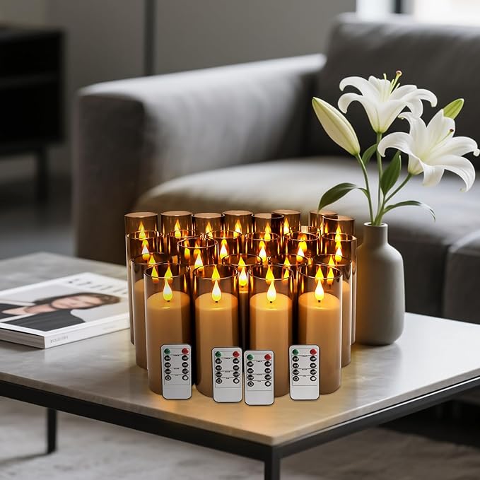 24 Pack LED Gray Flameless Candles with Remote, 3D Flickering Battery Operated Candles in Glass Holders, Safe for Weddings, Parties, Home and Outdoor Decor.