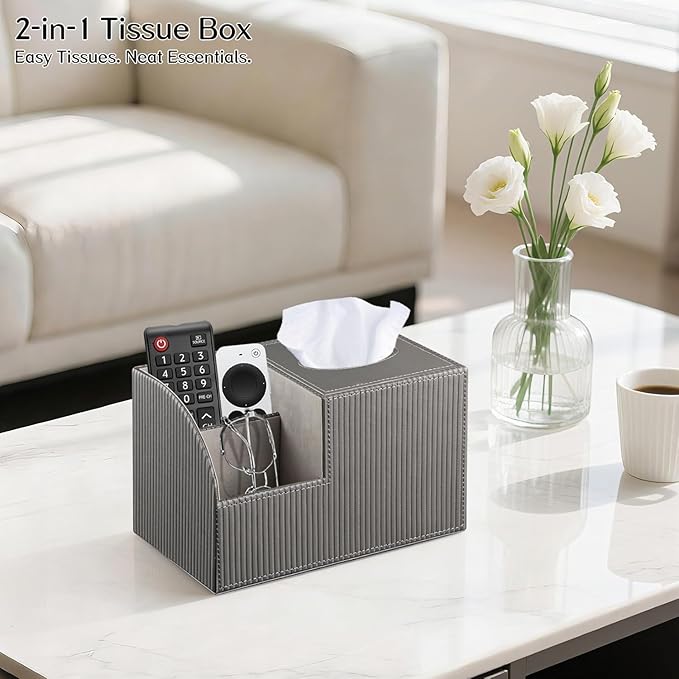Fanousy Square Tissue Box Cover with Storage, PU Leather Cube Tissue Box Holder, Remote Control Nightstand Organizer, Modern Desk Caddy for End Table, Bathroom, Bedroom, Home, Office Decor(Grey)