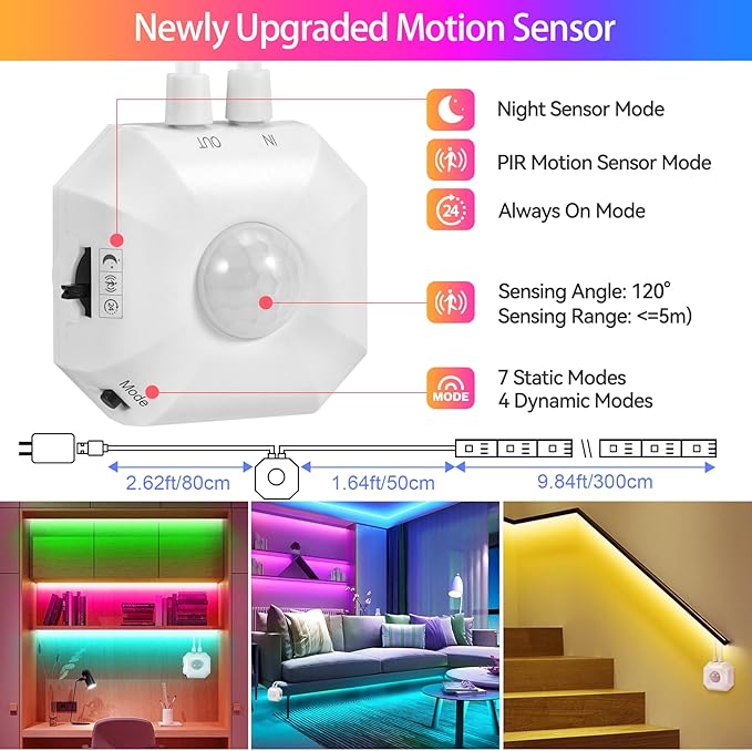 Motion Activated LED Strip Under Bed Lights, 9.8Ft RGB LED Strip Lights with Motion Sensor, Remote, App Control, Music Sync Motion Sensor LED Light Strip USB Powered for Bedroom Cabinet TV PC