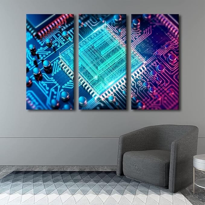 3 Piece Technology Wall Decor Integrated Wall Art Communication Processor CPU Concept Canvas Wall Art Poster Motherboard Digital Chip Wall Decor for Living Room Bedroom Framed Ready to Hang(40"Wx60"H)