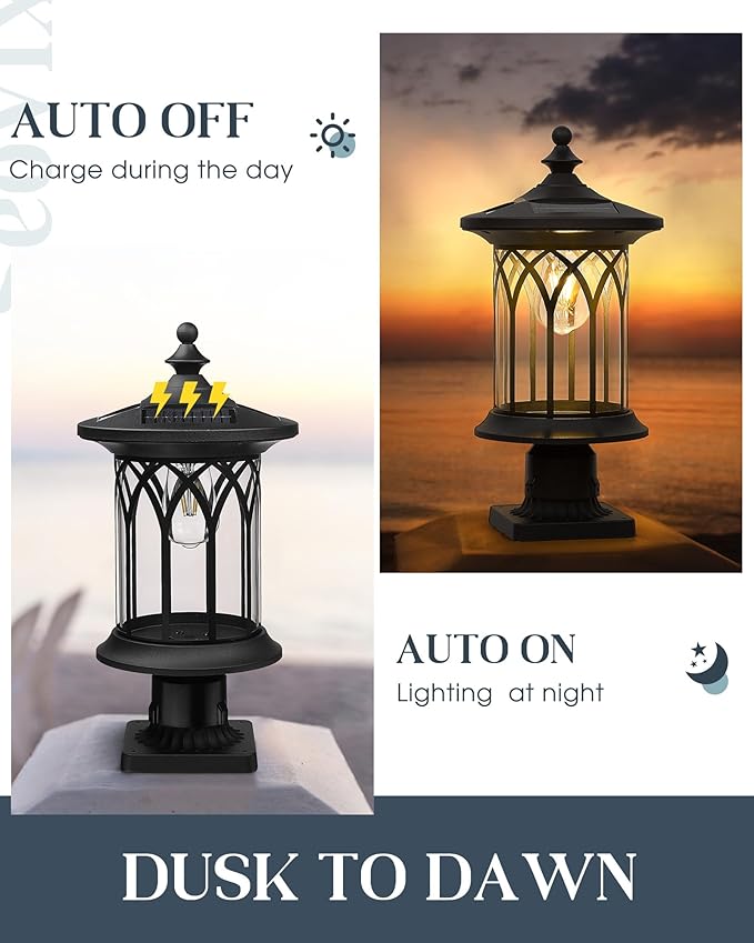 Solar Post Lights 2 Pack, Dusk to Dawn Solar Lamp Post Light Fixture E26 Base Socket, IP44 Waterproof Post Lights Outdoor Solar Powered for Pathway, Driveway, Lawn, K235SPL10-2