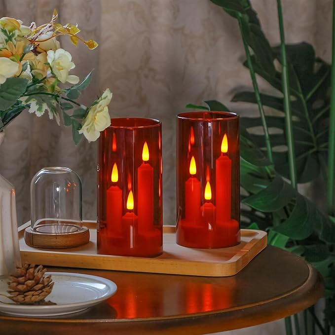 3 in 1 Flameless Taper Short Candles with 10 Key Remote Control and Timer, Battery Operated Pack of 2 LED Acrylic 3" x6" Red Pillar Flickering Warm Light