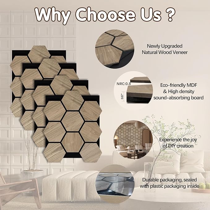 Wall Paneling for Interior Wall - 4 PCS Hexagon Wall Panels - Hexagon Acoustic Panels - Natural Walnut Wood Veneer Sound Proof Panels for Walls, Wood Slat Wall Panel 23.8" W x 29" L