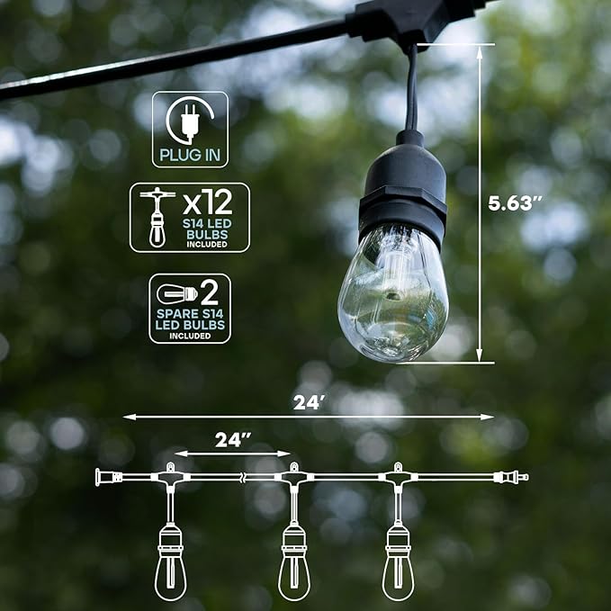 LUXRITE 24FT LED RGBW Outdoor String Lights, Remote Control Color Changing Cafe Lights, Commercial Grade Waterproof, 12 Edison S14 Shatterproof Bulbs, IP65, Dimmable Outside Hanging Lights for Patio