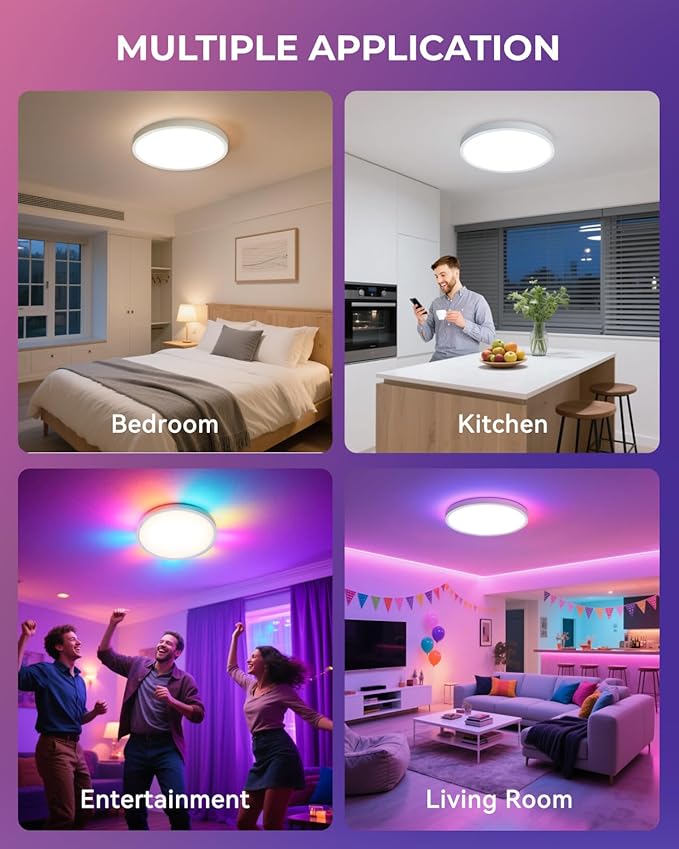 12 Inch Flush Mount Ceiling Light, Smart RGB+IC LED 2400LM Dimmable Ceiling Lamp with APP & Remote Control, 2700K-6500K Color Changeable Light for Bedroom Living Room, Works with Alexa & Google Home