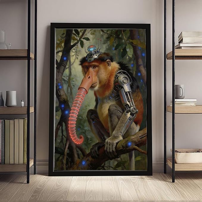 Framed Steampunk Mechanical Proboscis Monkey Wall Art - Jungle Neon Retro Poster for Apartment Leisure Area Decor 12x18in