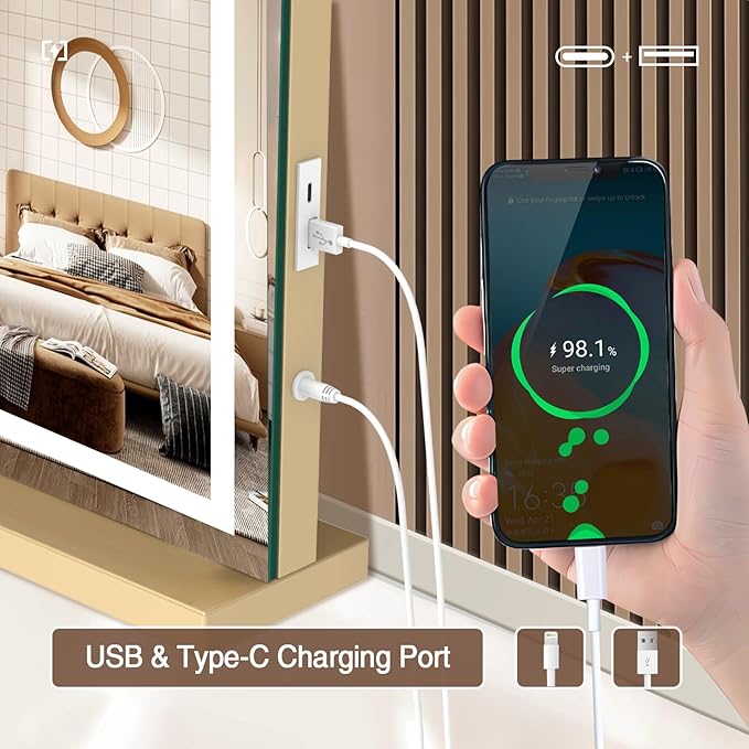 Vanity Mirror with Lights, 31.5" x 23.6" Large Makeup Mirror with LED Lights, Smart Touch Dimmable 3-Color Light, Memory Function, USB Charging Port