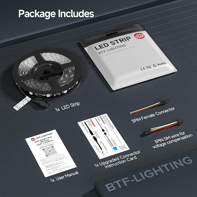 BTF-LIGHTING UL Listed WS2811 IC=RGB+IC Addressable Color RGB LED Strip,16.4FT 30LED/m 10Pixels/m,IP67 Black PCB Flexible DC12V Chasing Effect for Indoor Home Decor(No Adapter or Controller)