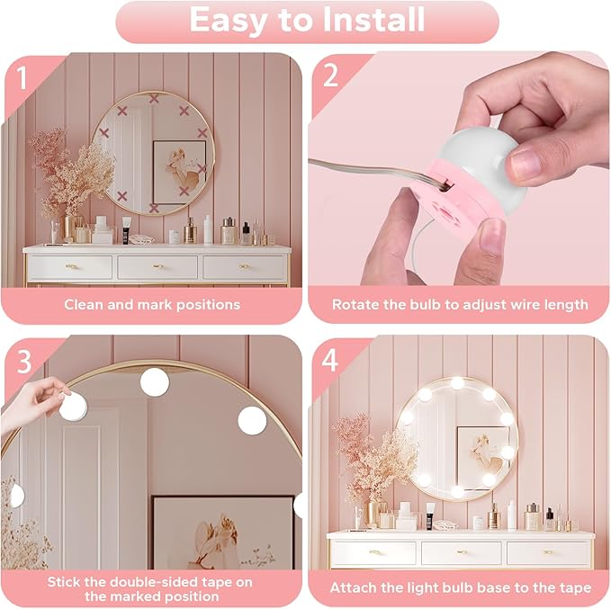 LED Vanity Lights For Mirror, Pink Vanity Light Stick on with 10 Dimmable Bulbs, 3000K 4000K 6500K & 10 Level Brightness Adjustable USB Cable Hollywood Mirror Lights for Makeup Dressing Room Bathroom