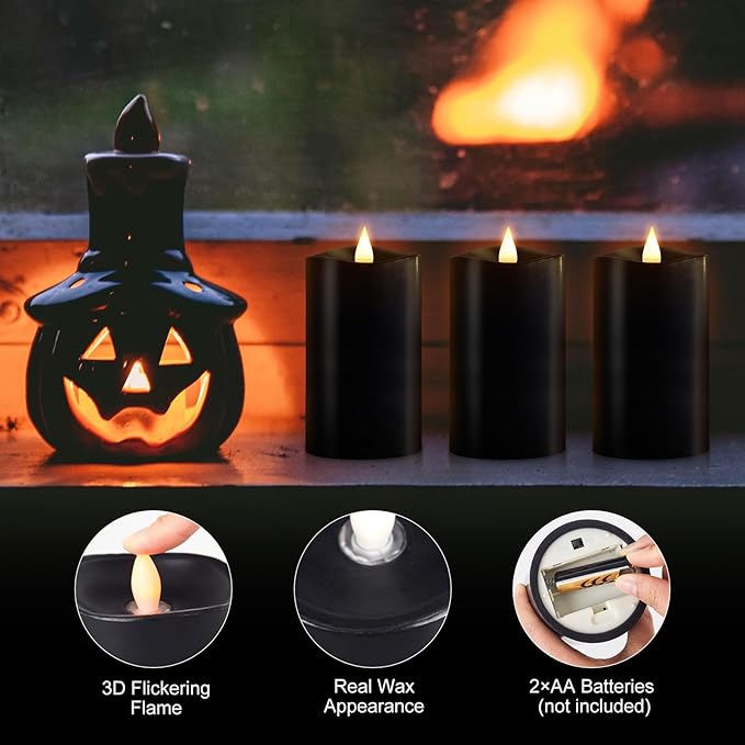 3PCS, 3 x 5 inches Flameless Candle with Remote Control, 3D Flickering Wick, Real Wax Pillar LED Candles, Battery Candles,with Timer,for Holiday Home Decor, Black