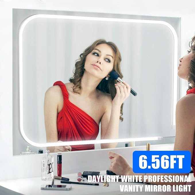 MY BEAUTY LIGHT LED Vanity Lights Strip for Mirror, 6000K Bright Daylight White Vanity Mirror Lights, 6.56FT Dimmable Makeup Light, ELT Approval 24V Stick on Lights for Mirror