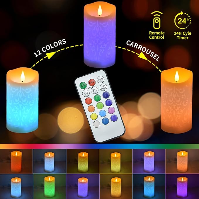 NICEME 6" LED Multi Colored Flameless Candle with Remote Control Timer Realistic Wax Color Changing Candle Battery Operated Flickering Candle