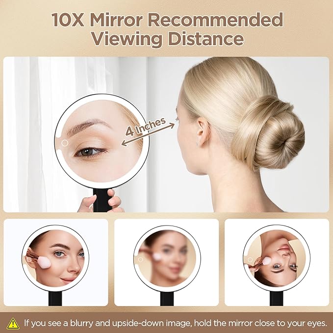 Lighted Makeup Mirror with 3 Color Modes & Dimmable Brightness, 360° Rotation, Double-Sided 1X/10X Magnifying Mirror, Rechargeable Portable Vanity Mirror for Home and Travel, Touch Control - White