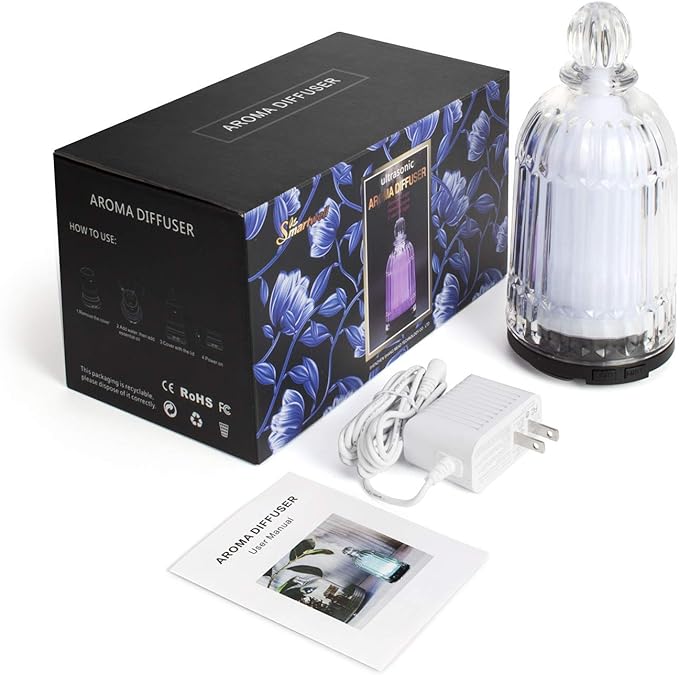 Glass Essential Oil Diffuser, Ultrasonic Aroma Diffuser Glass Cover & Plastic Reservoir with 7 LED Color Changing Light, Auto Shut-Off for Home Office Spa, 120ml(Black Base)