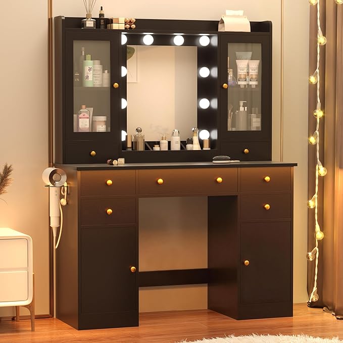 Vanity Desk with Mirror and Lights, 43" Black Makeup Vanity Set with 5 Drawers & Glass Cabinets, Power Outlet, Adjustable LED Lights & Makeup Tray, Dressing Table for Women & Girls Bedroom