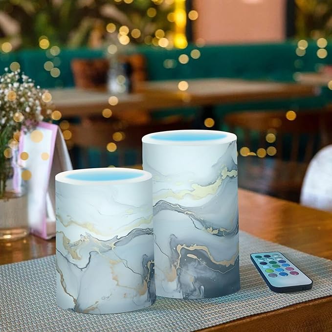 Black and Gold Marbled Pattern Flameless Candles Color Changing LED Candles with Remote Control Battery Candles for Outdoor and Indoor Home and Room Decoration, 3'' x 4''/5'' Set of 2 Pieces
